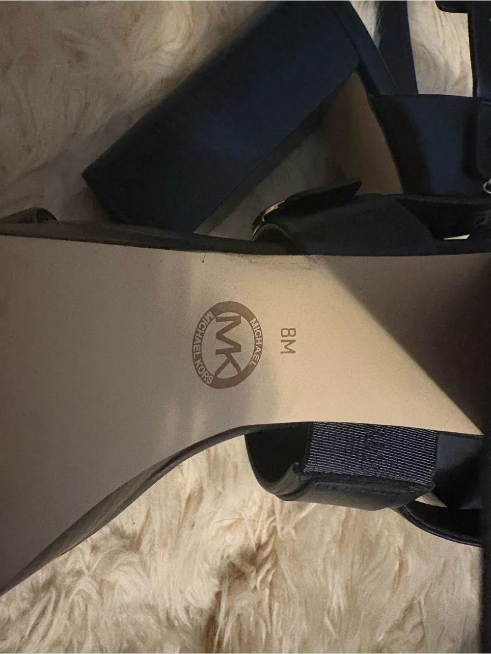 Michael Kors Black Leather Dual-Strap Block Heel Sandals with Gold Logo